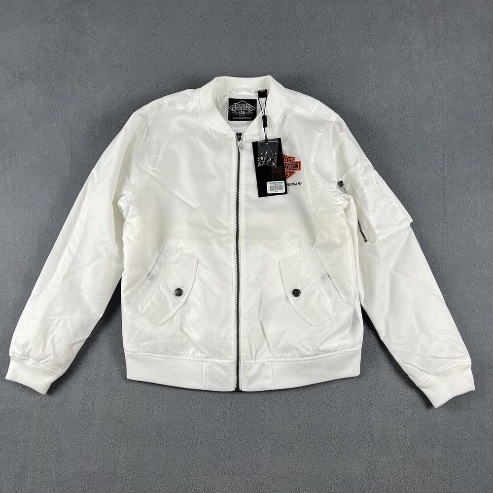 Harley Davidson Womens Small White Full Zip Bomber Jacket 120th Anniversary